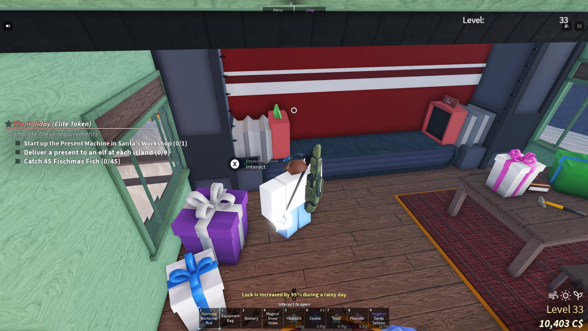 A fisherman standing in front of the present machine in Santa's Workshop in Fisch. - 3