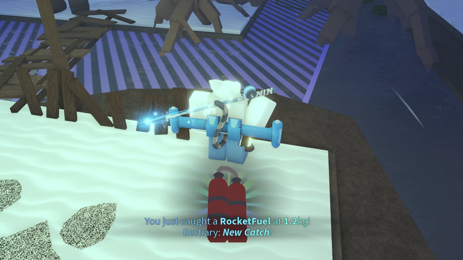 A Roblox character catching Rocket Fuel in Fisch. - 4
