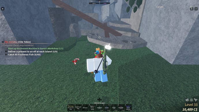 A fisherman following a trail of candy canes to find an elf in Fisch.