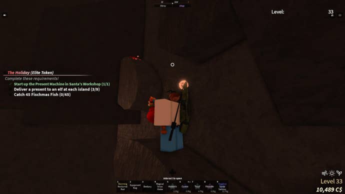 A fisherman following a trail of candy canes into Roslit Volcano to find an Elf in Fisch.