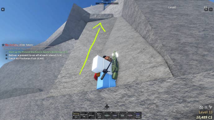 A fisherman climbing the steep side of Roslit Volcano to reach the Elf in Fisch.