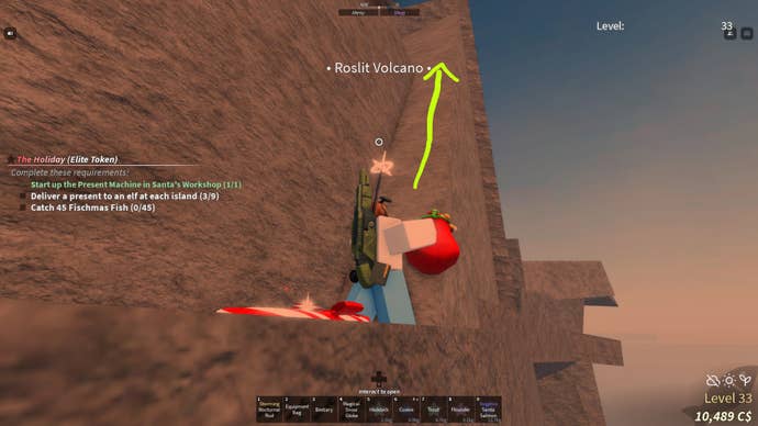 A fisherman climbing the Roslit Volcano to reach the elf at the top in Fisch.