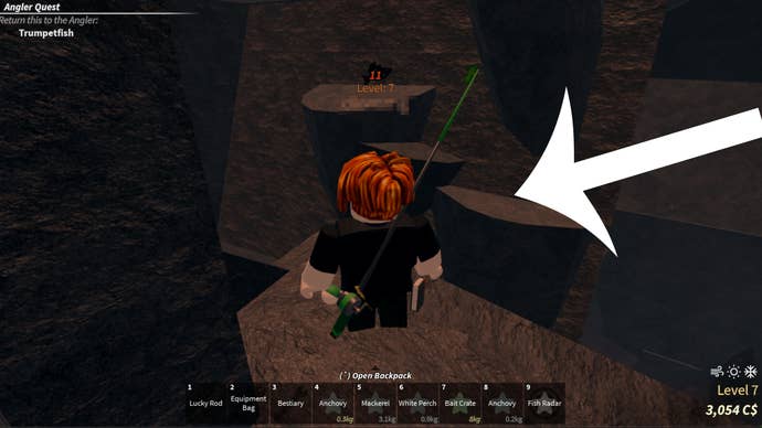 Arrow pointing at a rock players need to jump onto which leads to the Meteor Totem in Fisch.