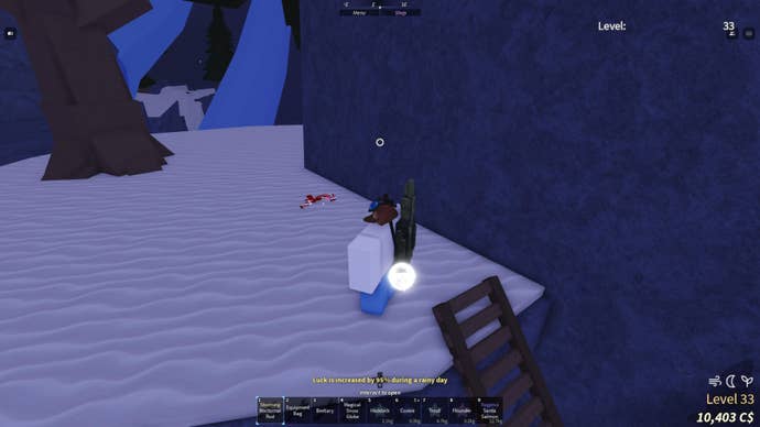 A fisherman climbing a ladder to reach a candy cane trail in Fisch.