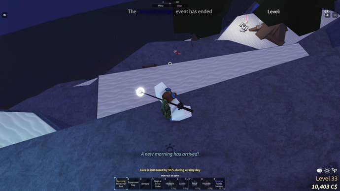 A fisherman following a trail of candy canes to the Runaway Elf in Fisch.