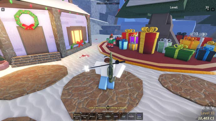 A fisherman following a trail of candy canes past a pile of presents in Fisch.