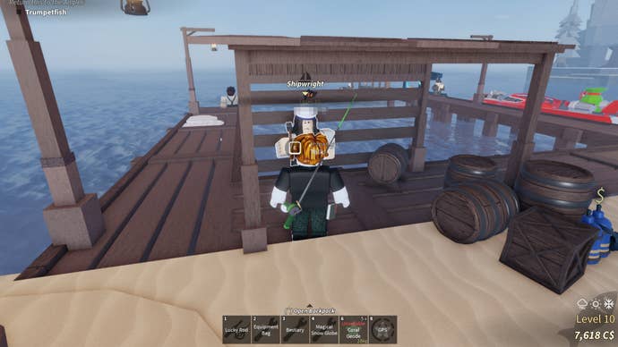 A Roblox character standing by the shipwright NPC in the fishing game Fisch.