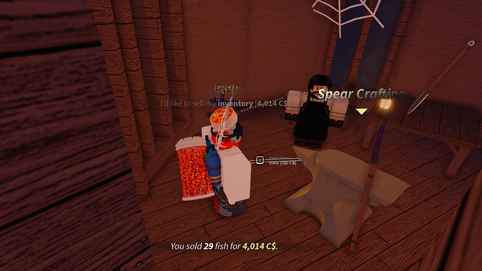 A character using the crafting anvil to make a spear in Fisch. - 4