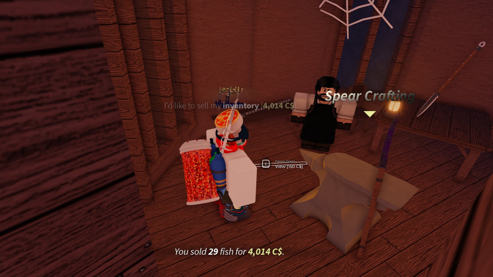 A character using the crafting anvil to make a spear in Fisch. - 4