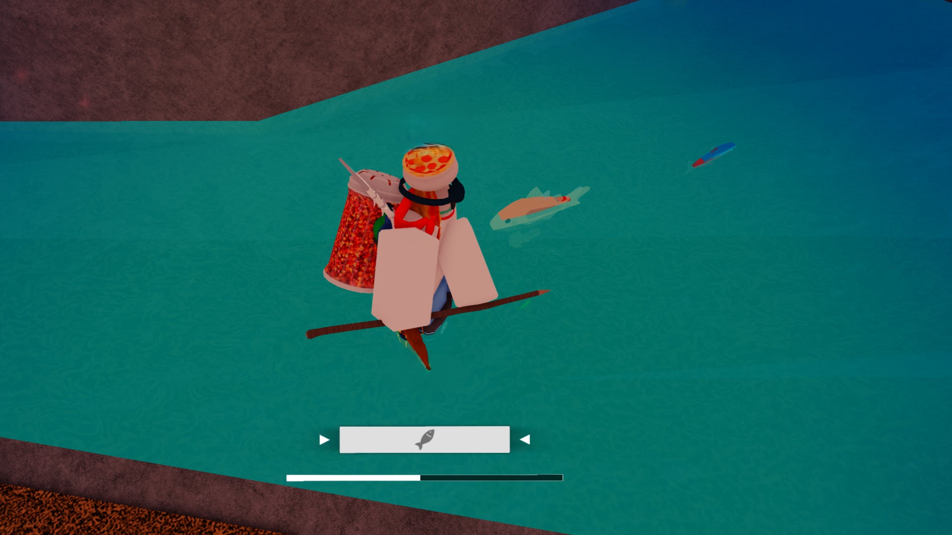 A character using a spear to catch fish in the Roblox game, Fisch. - 1