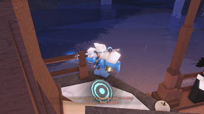 A Roblox character catching a Speed Core in Fisch.
