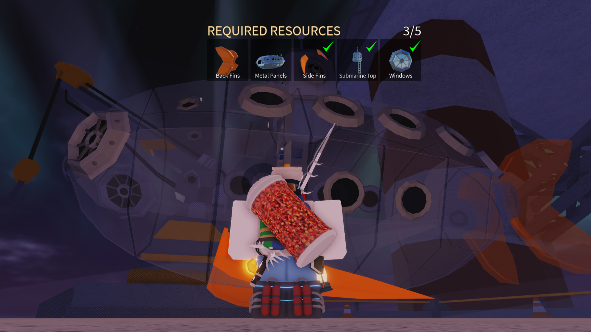 A character adding parts to build a Submarine in Fisch. - 4