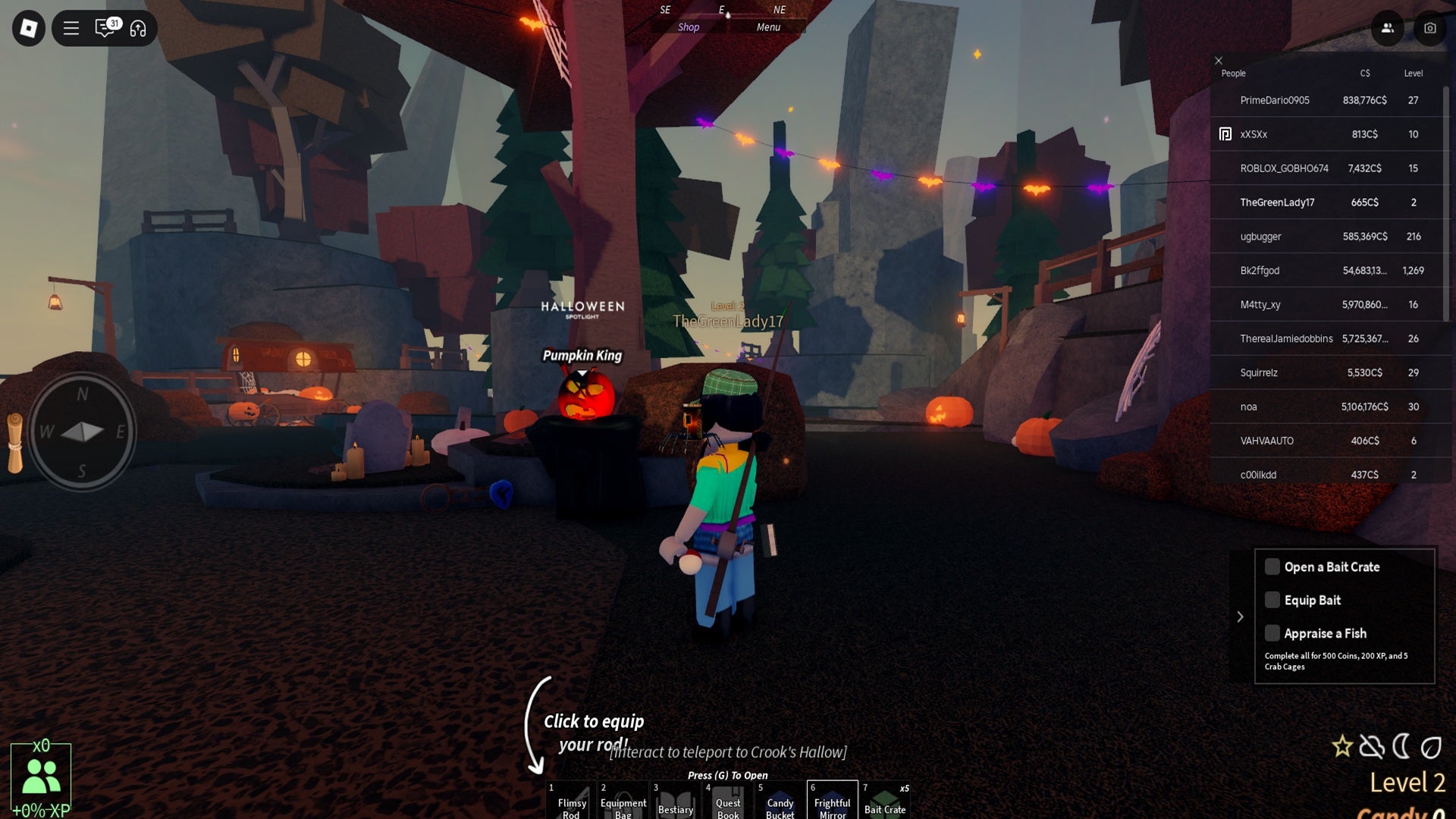 A Roblox character approaches the pumpkin-headed Pumpkin King NPC in his location under a tree in the spooky new area for FischFright 2025. - 3