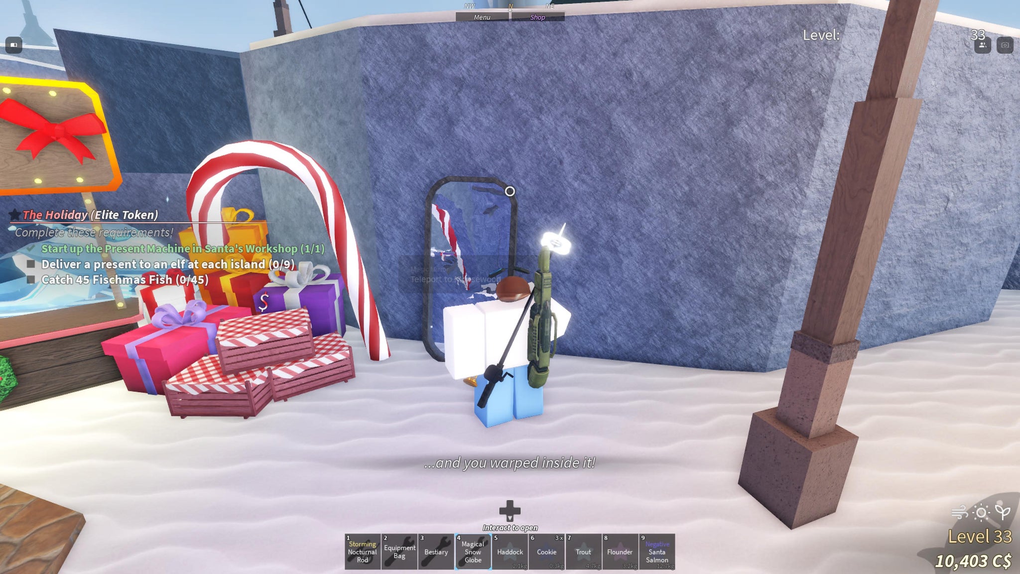 A fisherman using the magic mirror in the Winter Village to teleport to Moosewood in Fisch. - 3