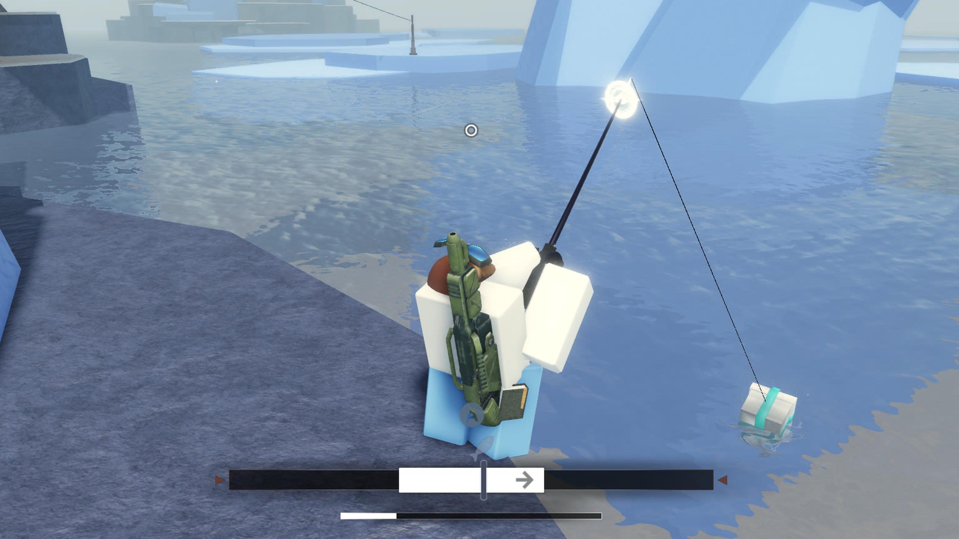 A fisherman reeling in a gift wrapped present in the Winter Village in Fisch.