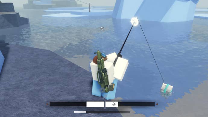 A fisherman reeling in a gift wrapped present in the Winter Village in Fisch.