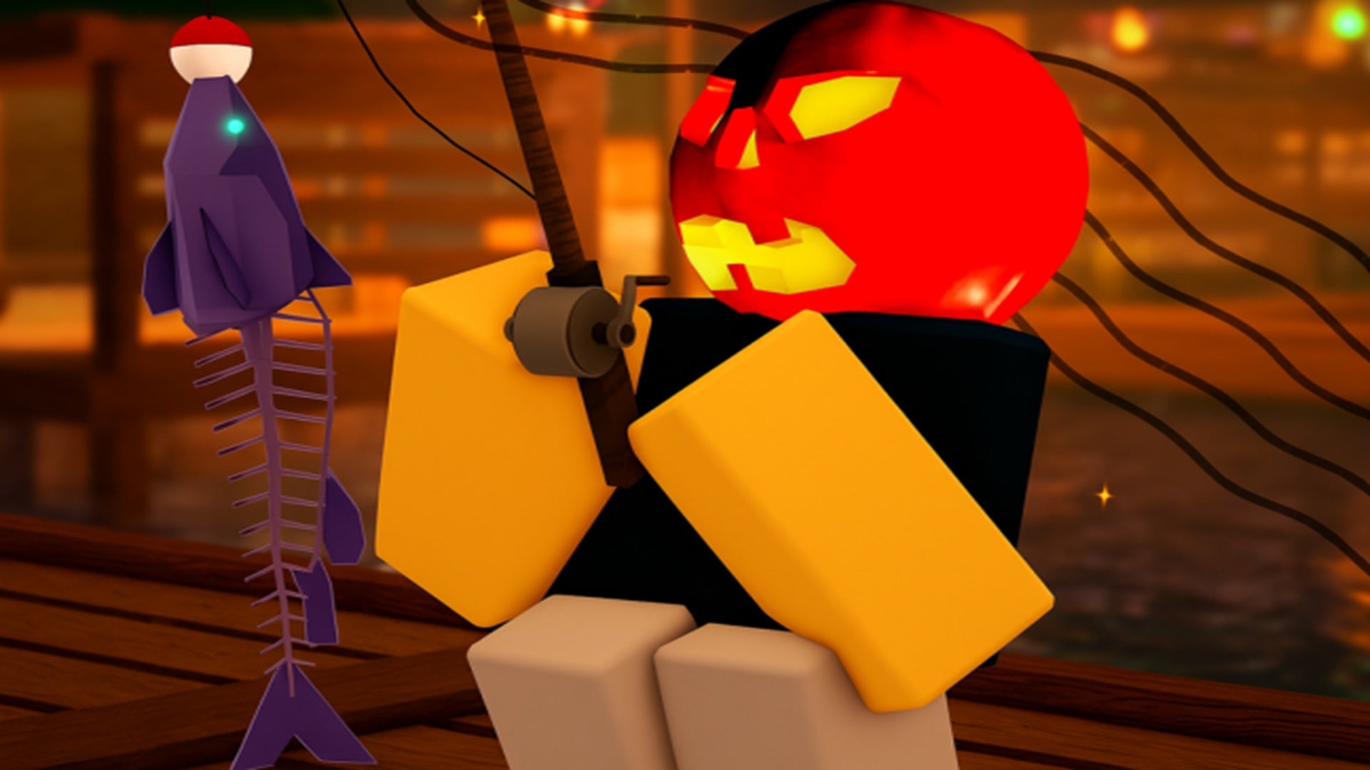 A glowing pumpkin-headed Roblox character reels in a skeletal fish while fishing off of a wooden dock. - 1