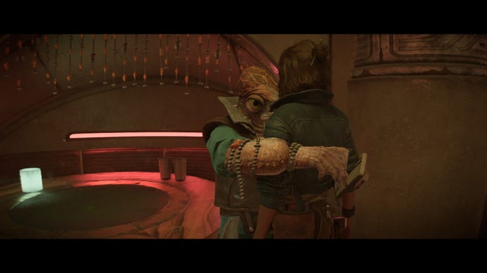 A nice fish lady gives Kay a hug in Star Wars Outlaws
