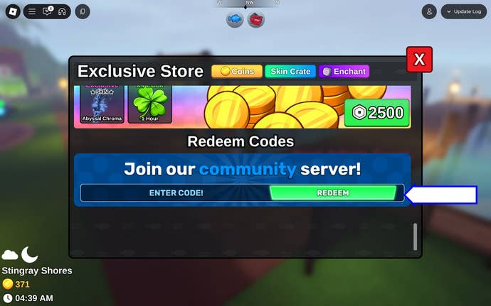 A screenshot of Fish It! in Roblox showing the game's codes field.