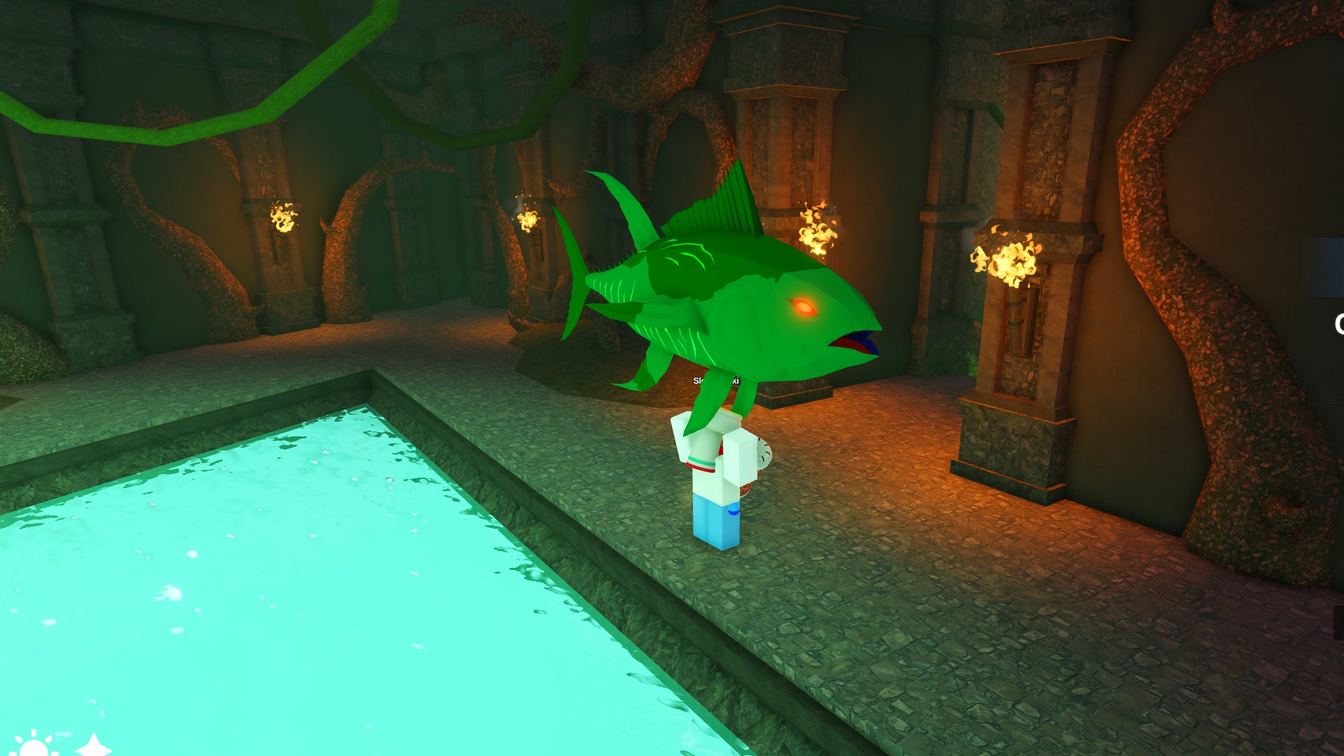A character holding a Temple Spokes Tuna Legendary fish in the Underground Cellar in Fish It. - 1