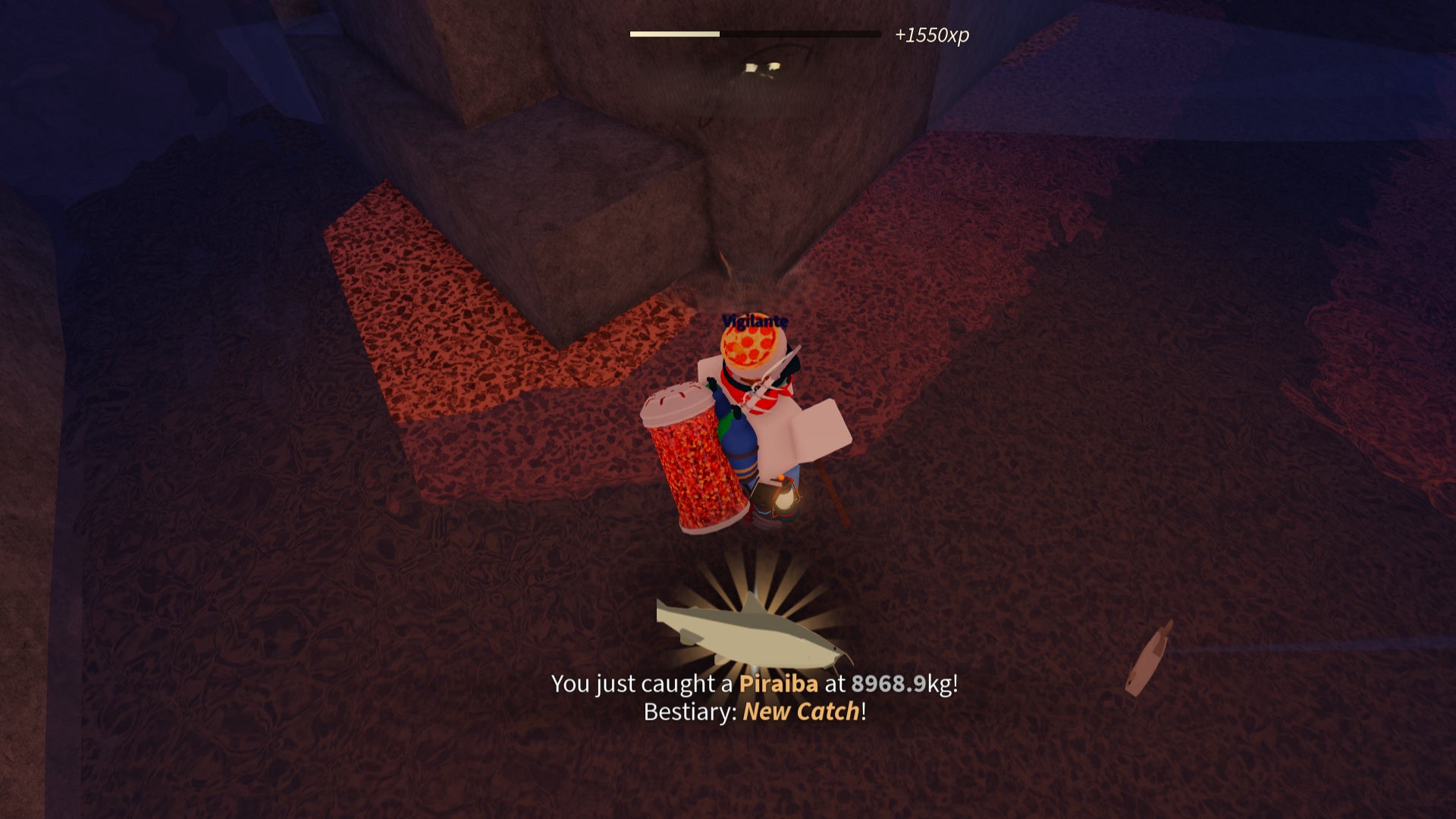 A character catching a Piraiba in the Lost Jungle in Fisch. - 3