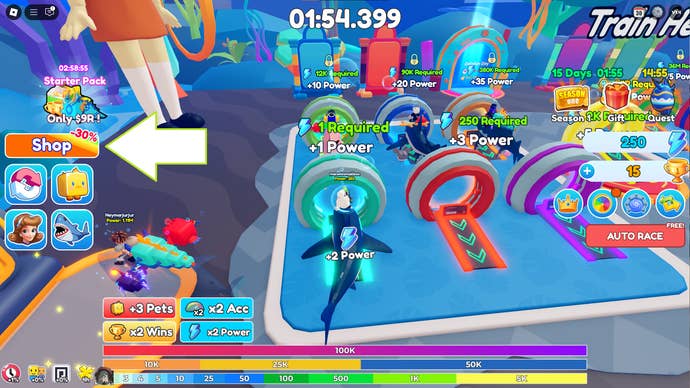 A screenshot of Fish Training in Roblox showing the game’s shop button.