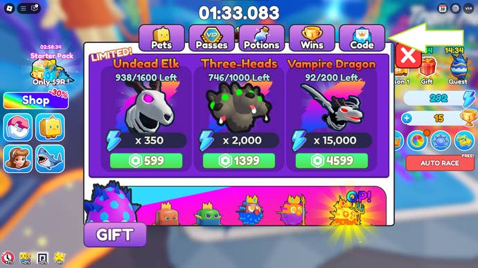 A screenshot of Fish Training in Roblox showing the game’s codes button.