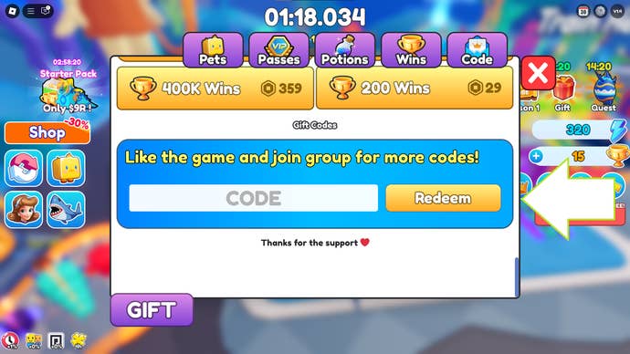 A screenshot of Fish Training in Roblox showing the game’s codes screen.