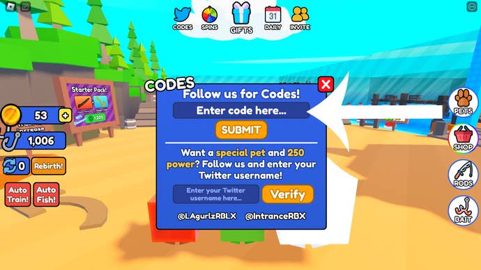 Arrow pointing at the codes menu in Roblox game Fishing Frenzy Simulator.