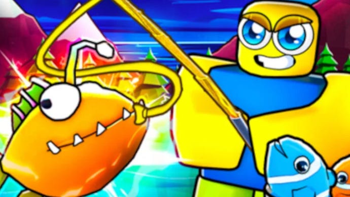 Artwork for Roblox game Fishing Frenzy Simulator showing a character catching a fish.