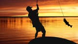 A photo of a person fishing at sundown. They're silhouetted against a golden, sun-setting horizon, and leaning back having caught a fish on their line.