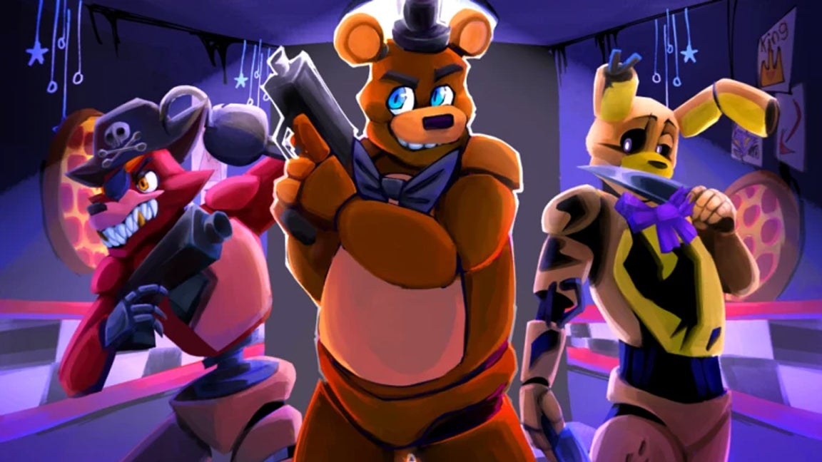 Artwork for the Roblox game Five Nights TD showing animatronic-style characters inspired by the Five Nights at Freddy's horror series.