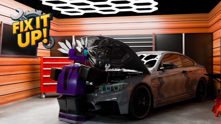 Artwork for Fix It Up showing a Roblox character working on a car that has the hood open. - 1