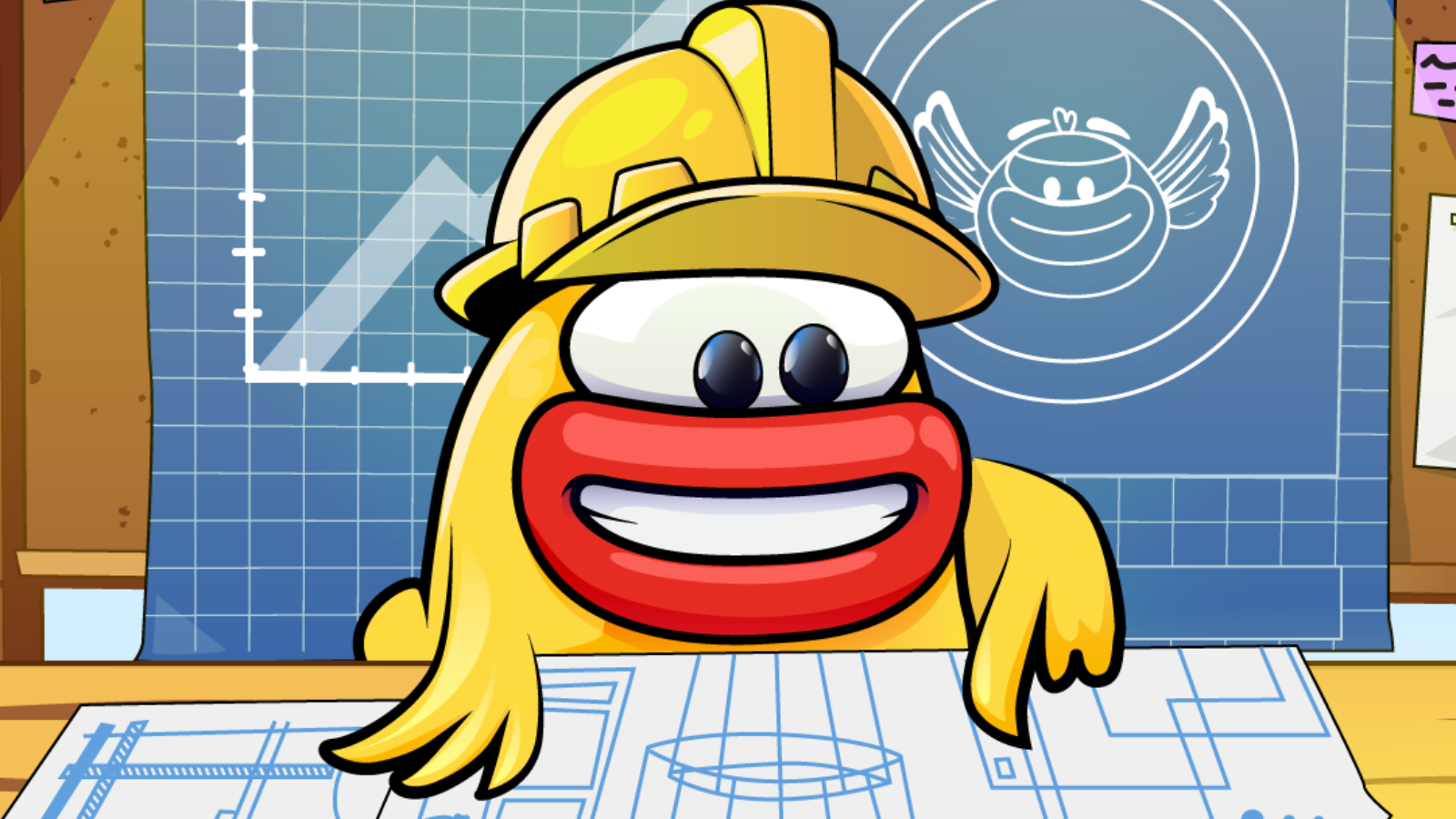 Artwork of yellow cartoon Flappy Bird character in a builder&rsquo;s hat
