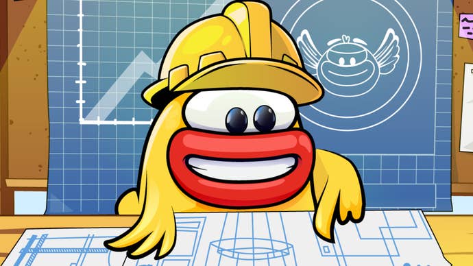Artwork of yellow cartoon Flappy Bird character in a builder’s hat