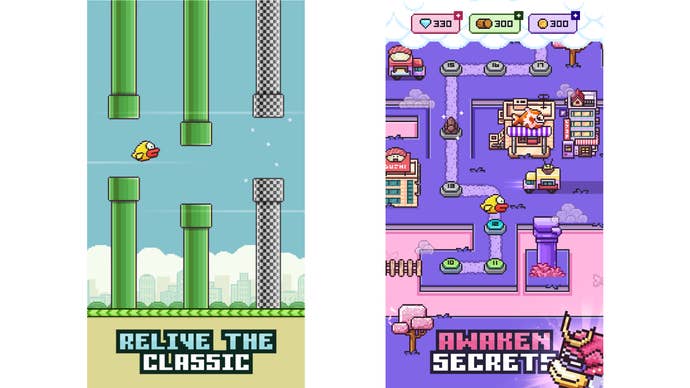 Two screenshots of Flappy Bird showing classic level and map screen