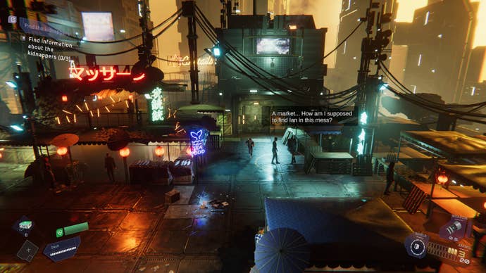 Conrads runs through a cyberpunky market to find Ian in Flashback 2.