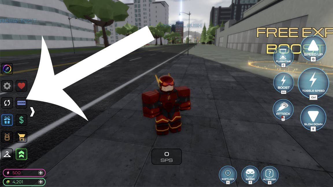 An arrow pointing at the codes button in the Roblox game Flashpoint Worlds Collide.