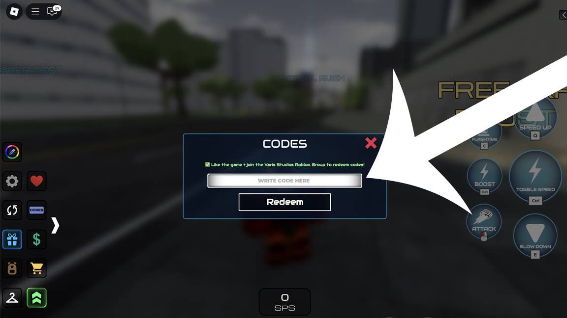 Uma flecha apontando para o menu Códigos no Roblox Game Flashpoint Worlds colide.