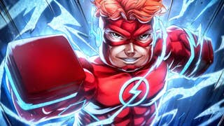 Artwork for the Roblox game Flashpoint Worlds Collide, showing a Robloxified superhero inspired by DC Comics' The Flash.