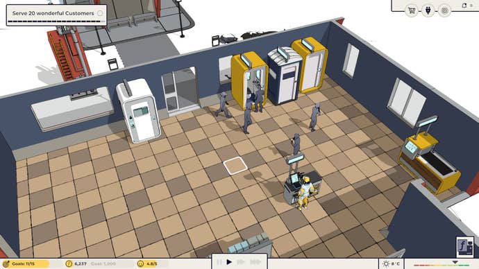 A top down view of the gas station in Flat Eye, showing customers going into high tech toilets
