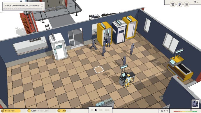 A top down view of the gas station in Flat Eye, showing customers going into high tech toilets