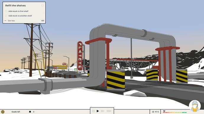 Pipes tower over a road in Flat Eye