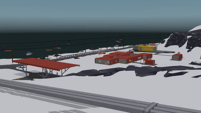 A red roofed gas station in a snowy landscape in Flat Eye