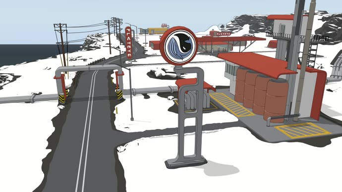 A gas station in a snowy landscape in Flat Eye