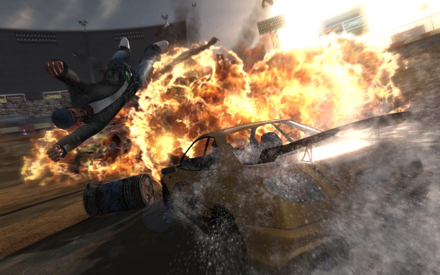 A driver is thrown from an exploding wrecked car in FlatOut Ultimate Carnage.