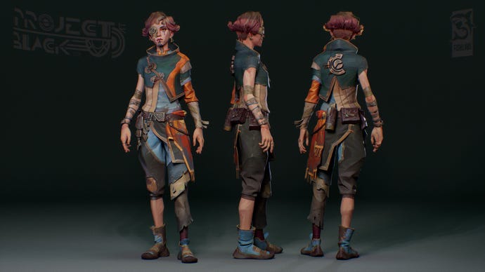 Three work-in-progress illustrations of a young woman with short red hair in colourful sci-fantasy clothing from cancelled Fishlabs game Project Black Three work-in-progress illustrations of a young woman with short red hair in colourful sci-fantasy clothing from cancelled Fishlabs game Project Black