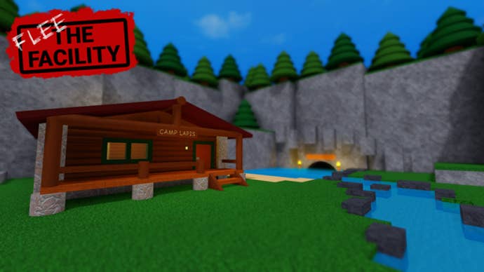 A Roblox map featuring a cabin in the woods, with a sign on the wall reading “Camp Lapis”. Title text reads “Flee the Facility”.
