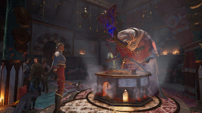 A coffee house is staffed by a large, surreal creature with ten arms and a mask.