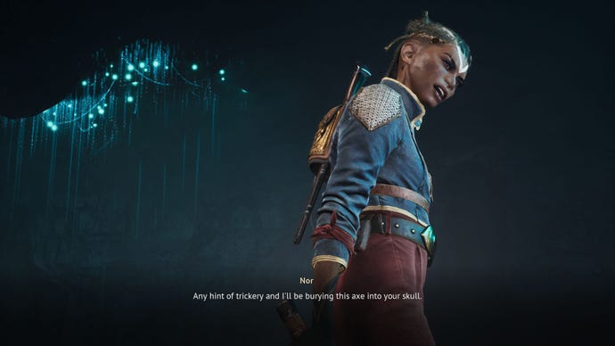 Nor threatens to axe the god Enki if he tries anything funny.